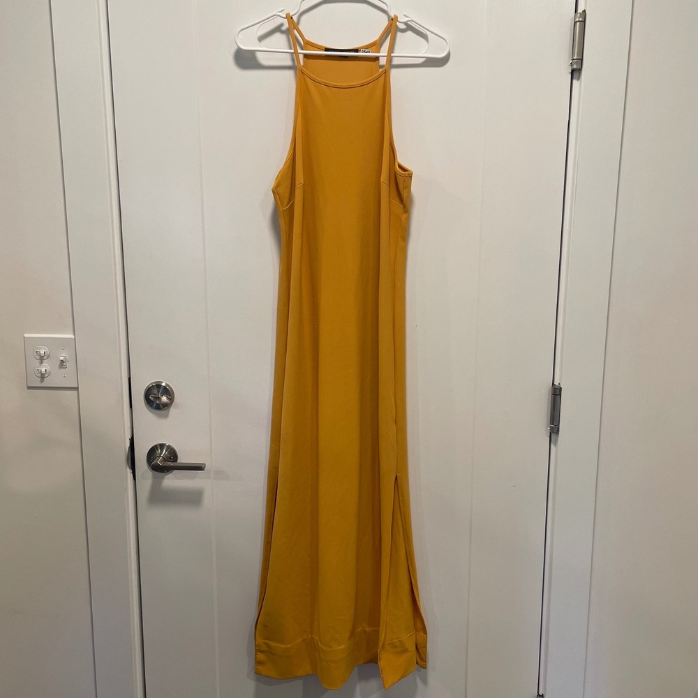 Boston Proper Womens Mustard Yellow Halter Neck Maxi Dress Side Slits Size M